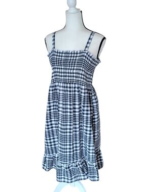 Faded Glory Organic Cotton Gingham Smocked Midi Sundress MEDIUM Navy White